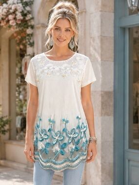 Boho White Turquoise Embroidered Pearl Beaded Tunic Blouse XS